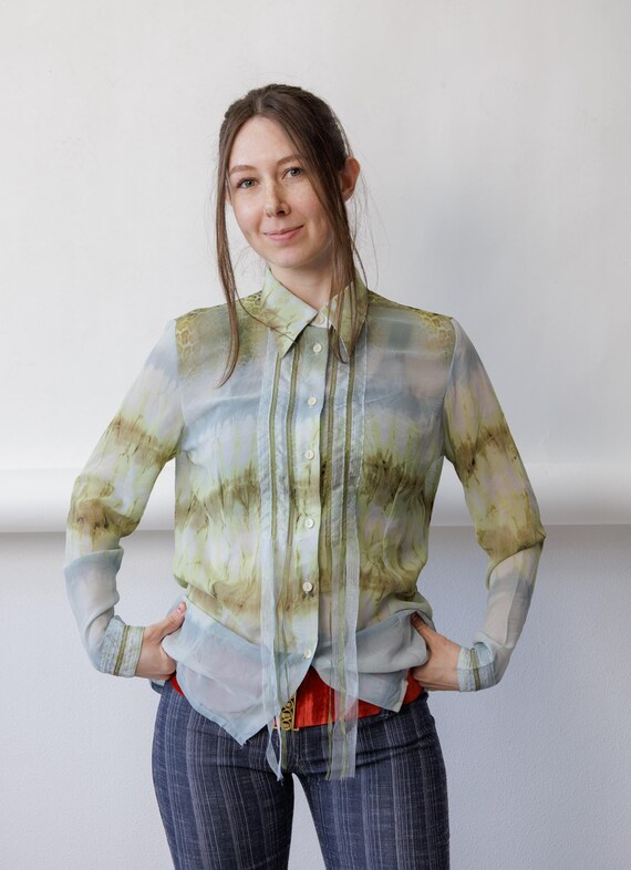 Y2K sheer tie dye blouse with organza ribbon streamers, chiffon fairy shirt, size Medium
