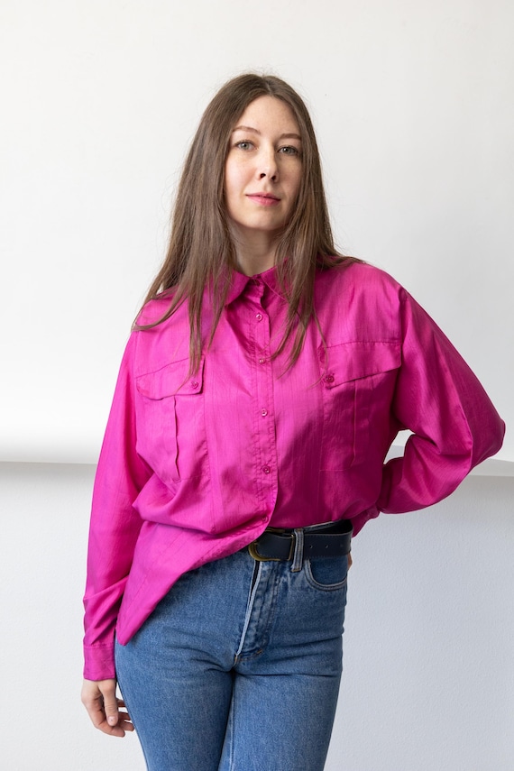Vivid Pink Blouse 90s Twin Pocket Oversize Vintage Women's Shirt M