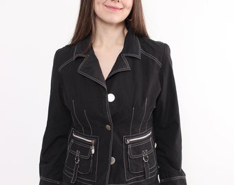 y2k black crop blazer, vintage 2000s woman casual suit jacket, Size M
