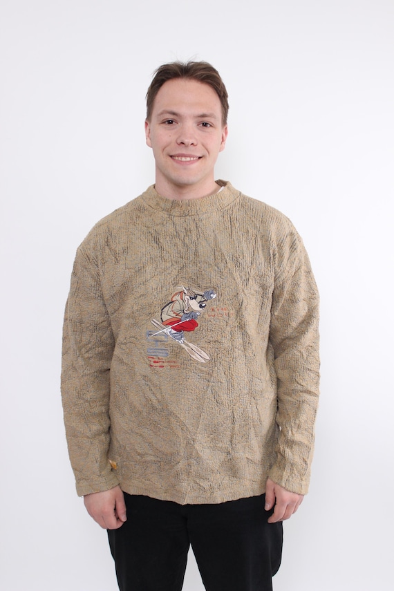 90s funky Droopy sweatshirt, vintage cartoon embroidery sweatshirt in beige, Size XL