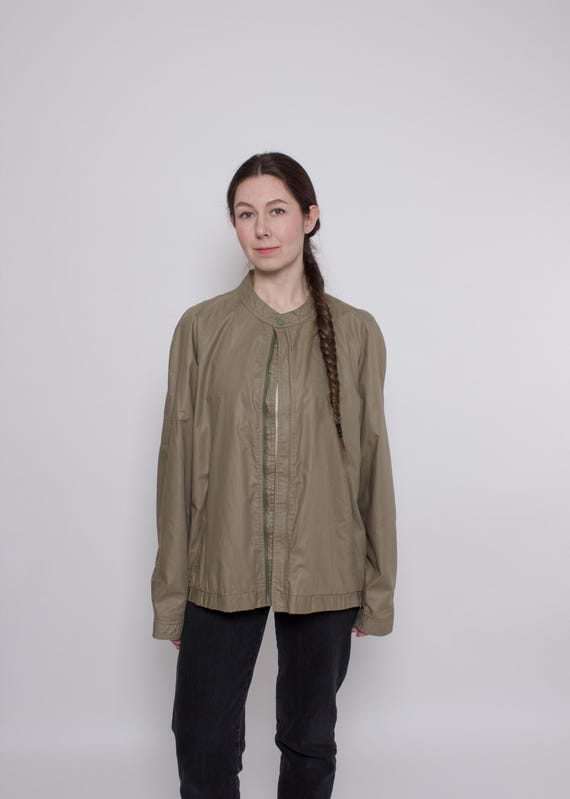 Vintage Olive Minimalist Jacket Women 90s Zip Jacket Lightweight Retro, Size M