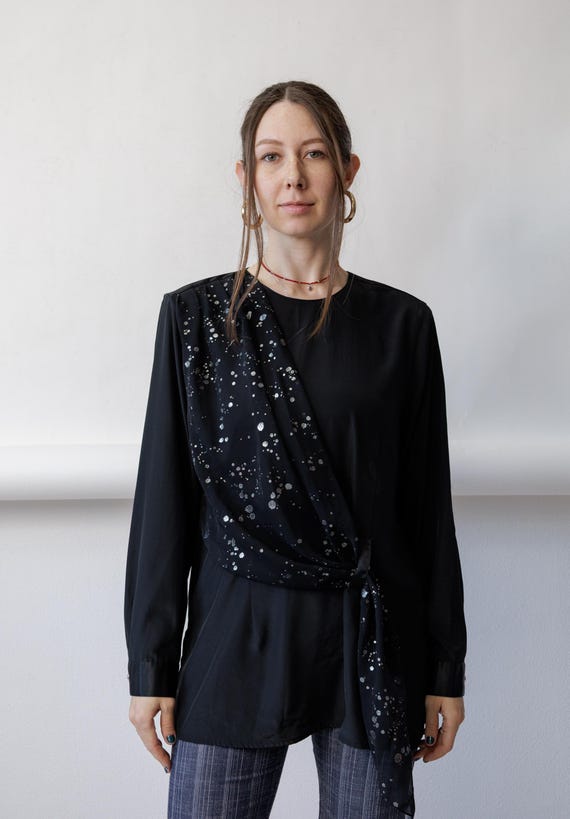 90s Black Cocktail Blouse Vintage Silver Glitter Draped Wrap Long Sleeve Size M