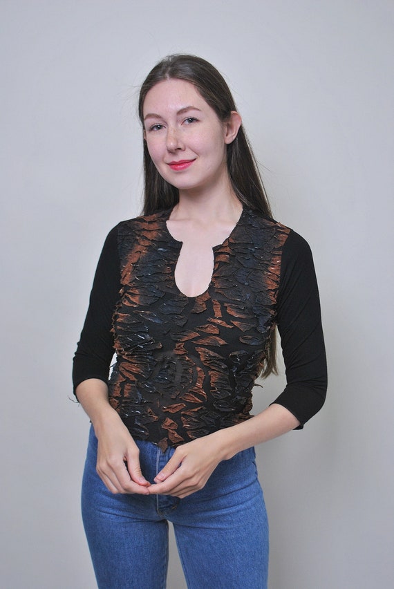 90s textured pullover blouse in brown, vintage sheer sleeve stretchy keyhole blouse, Size S