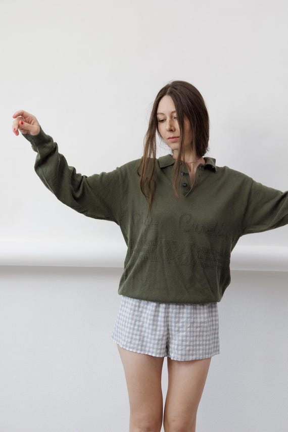 80s Pierre Cardin Olive Knit Polo Sweater Tonal Logo Long Sleeve M