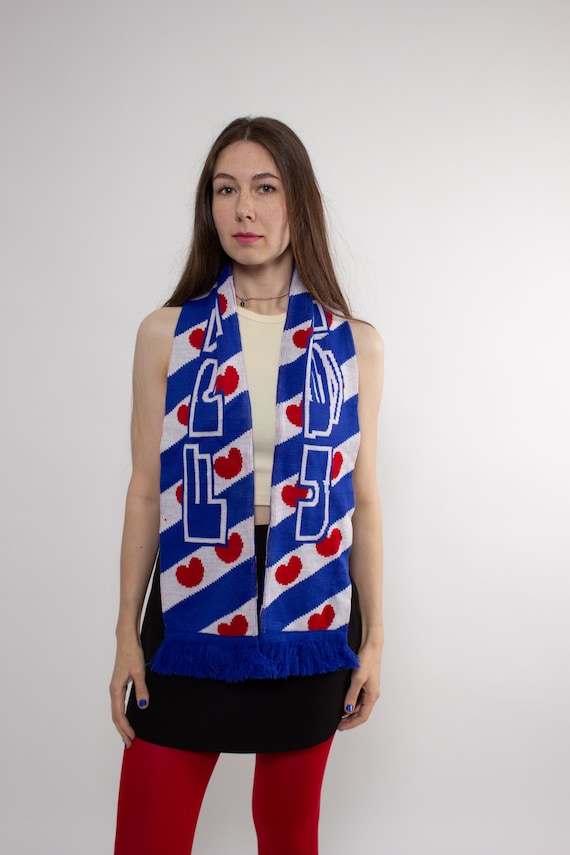 Vintage 90s Blue and White Fryslan Scarf – Acrylic Knit Scarf with Red Hearts