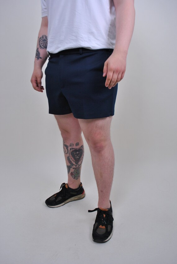 Vintage Blue Polyester Shorts: 90s Vacation Mini Shorts, Size XL