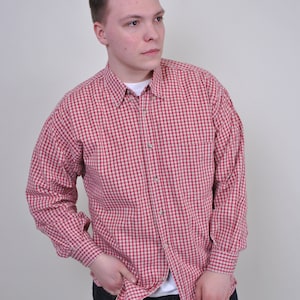 90s red color plaid print shirt, vintage casual classic button up, Size L