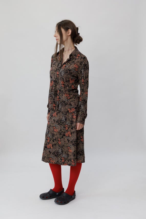 Vintage Floral Print Blouse & Midi Skirt Set Long Sleeve Size M