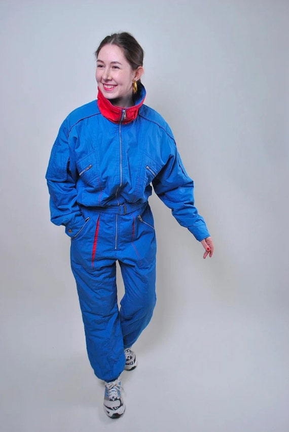 Vintage 90s Blue Red Ski Suit Women, Retro One Piece Snowsuit, Size L