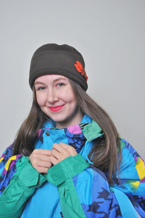 90s Fleece Beanie Hat: Vintage Floral Winter Hat
