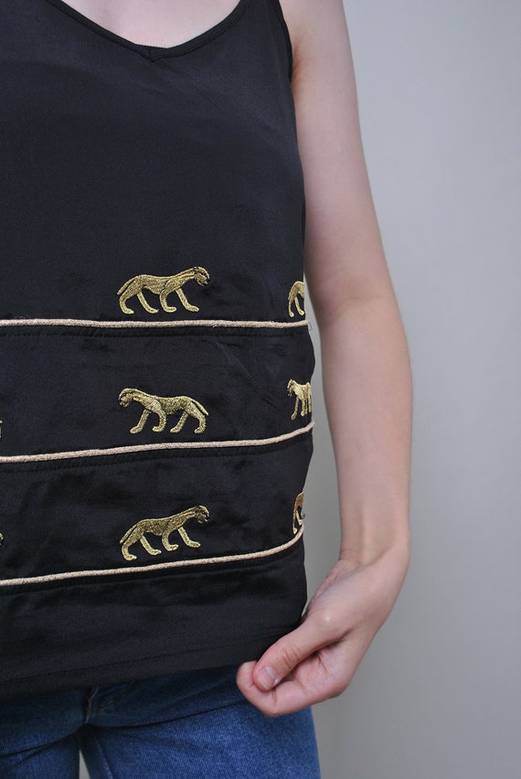90s Black Satin Cami Gold Tank Top Leopard Embroidery V Neck Size M