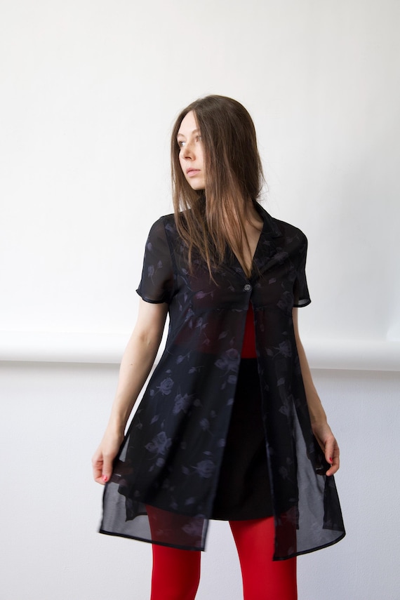 Y2K Sheer Black Rose Print Shirt Dress Size S
