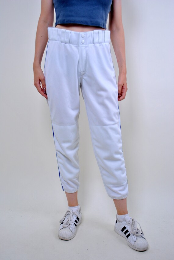 Vintage woman athletic pants, 90s white sport pants with blue stripe, Size 34