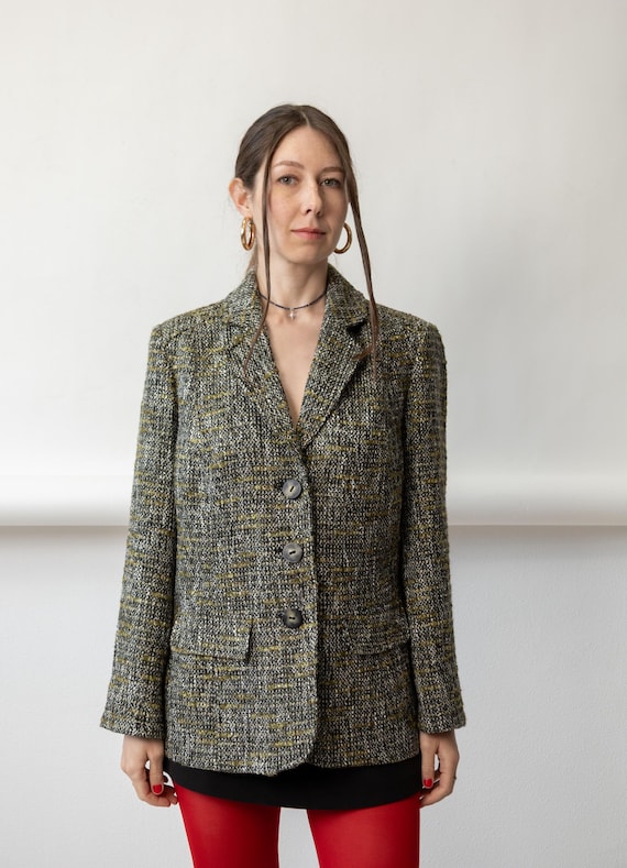 90s Green Grey Tweed Boucle Blazer Vintage Menswear Notch Lapel Fitted Jacket Size L