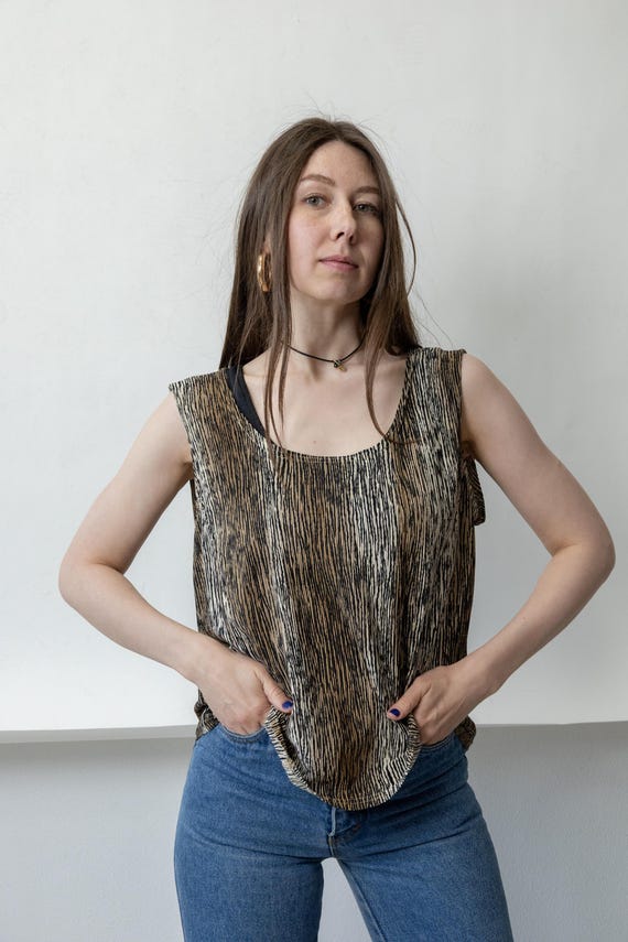 90s Brown Abstract Print Sleeveless Top Vintage Streaky Crinkle Scoop Neck Shell Size L