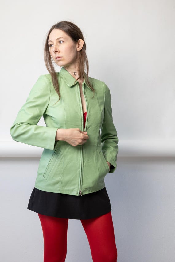 90s Mint Green Leather Jacket Fitted Flared Waist Two Way Zip Collar S