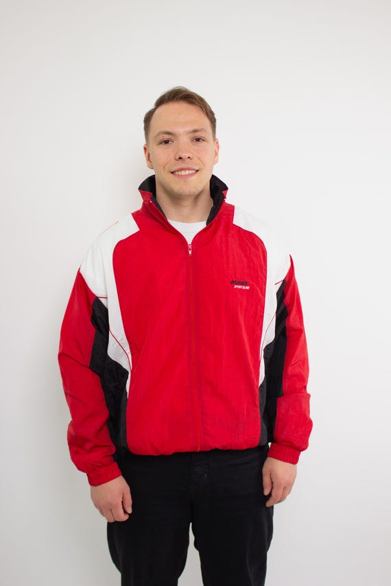 90s Red White Shell Jacket Vintage Nylon Track Windbreaker Colorblock Size L