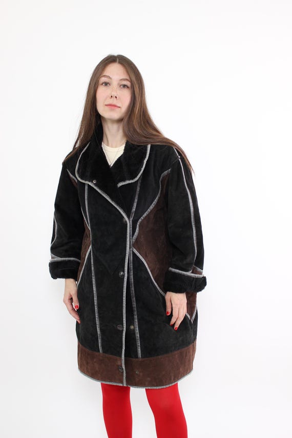 Vintage 90s Black and Brown Leather Overcoat – Long Shearling Style Winter Coat, Size M