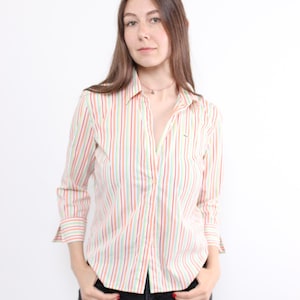 90s striped button up shirt, vintage pastel stripe blouse in cotton blend, Size M