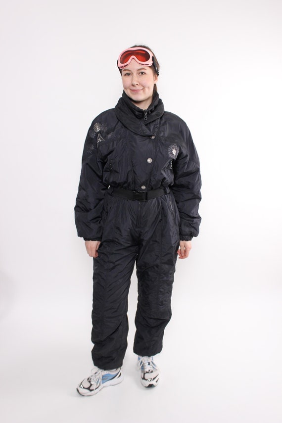 Vintage 90s One Piece Ski Suit, Women’s Black Snowsuit, Size L