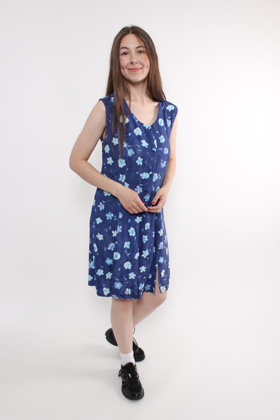 Vintage floral summer dress, 90s Button Front Lightweight midi dress sleeveless cut, Size M