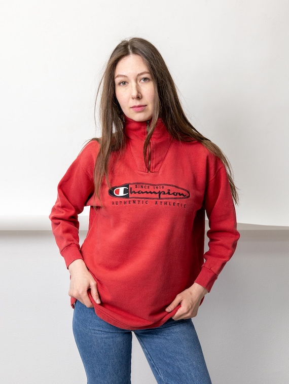 90s Champion Red Quarter Zip Sweatshirt Vintage Embroidered Logo Womens XS S