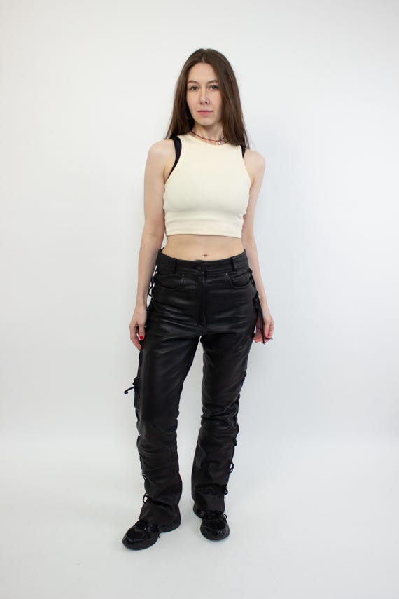 Vintage Black Leather Pants, High Waist Lace Up Leather Trousers, Size M