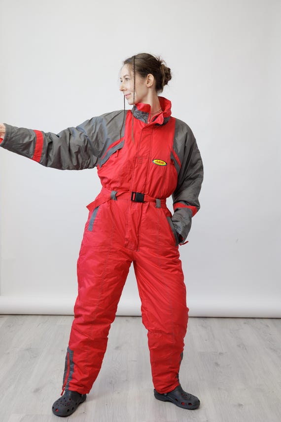 Red Grey Striped Sleeve Belted Vintage Ski Suit Jumpsuit Ankle Zips Size S