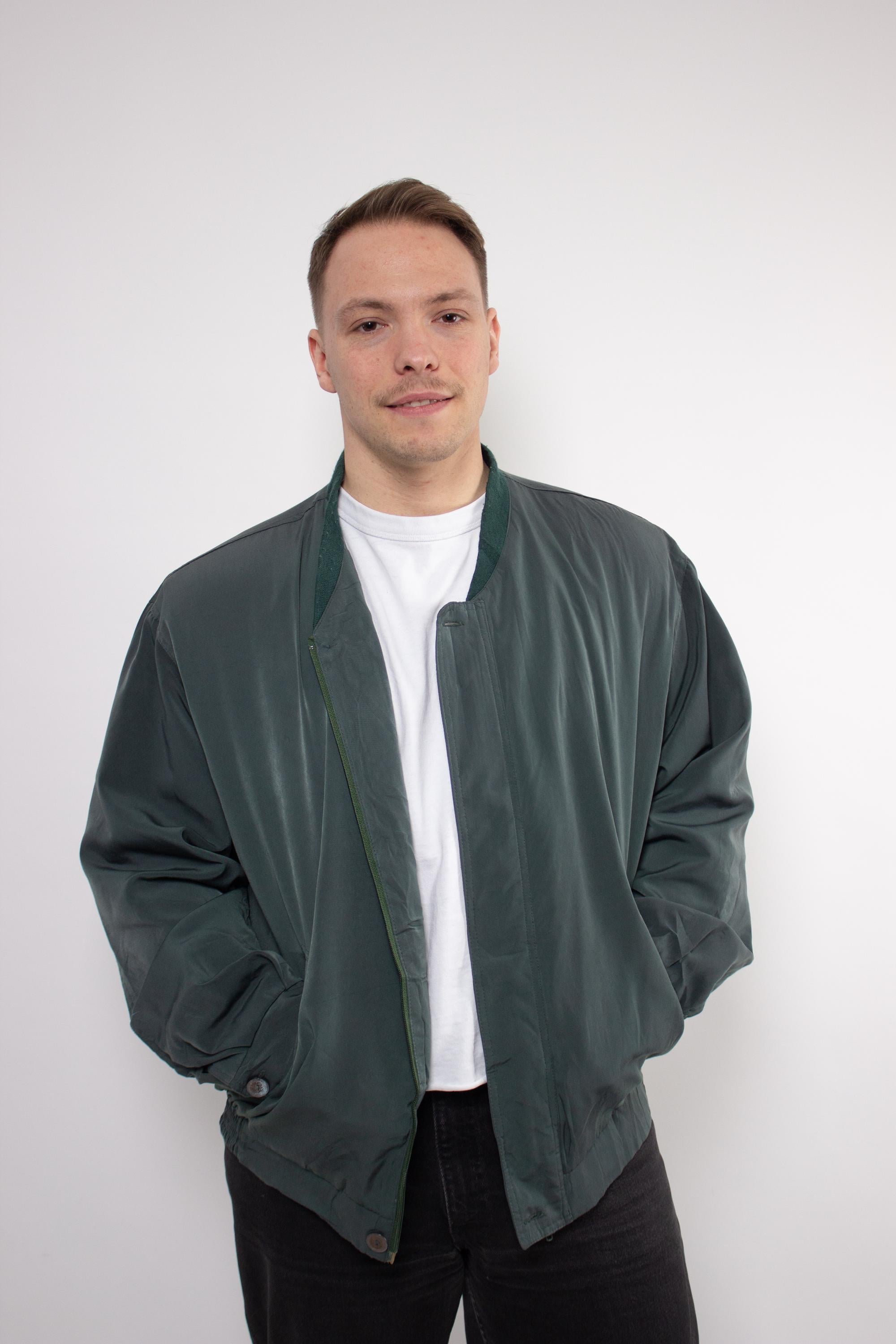 Vintage 90s Dark Green Bomber, Men's Retro Minimalist Light Jacket