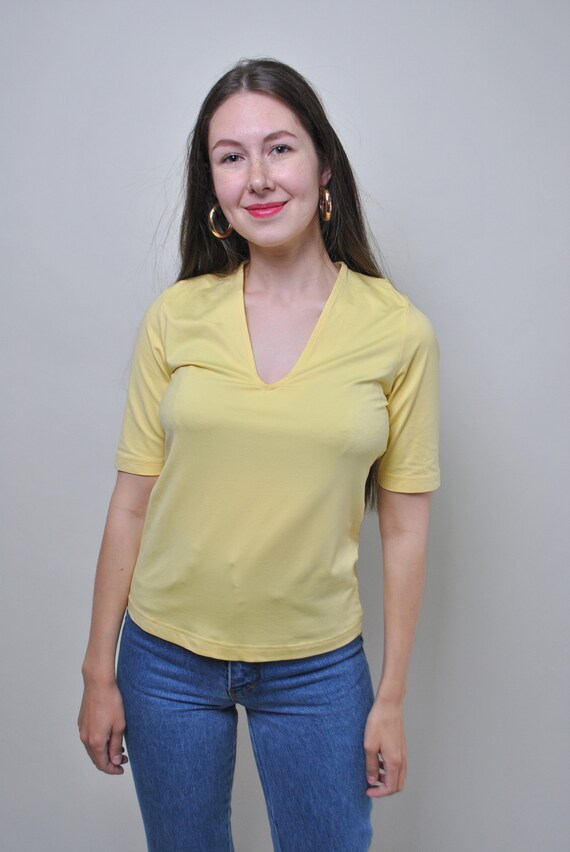 Vintage yellow pullover blouse, 90s v-neck casual crop blouse, Size M