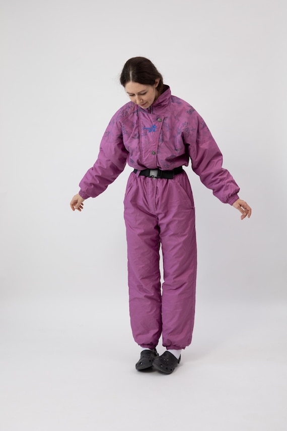 90s Floral Yoke Purple Ski Suit Hooded Belted One Piece Snowsuit L
