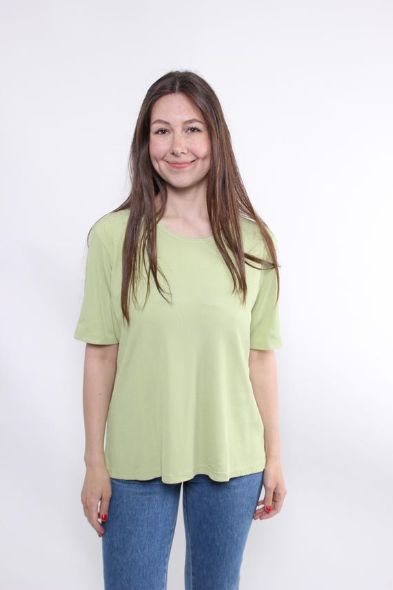 90s Sage Green Ribbed T Shirt Short Sleeve Stretchy Minimalist Vintage Size XL