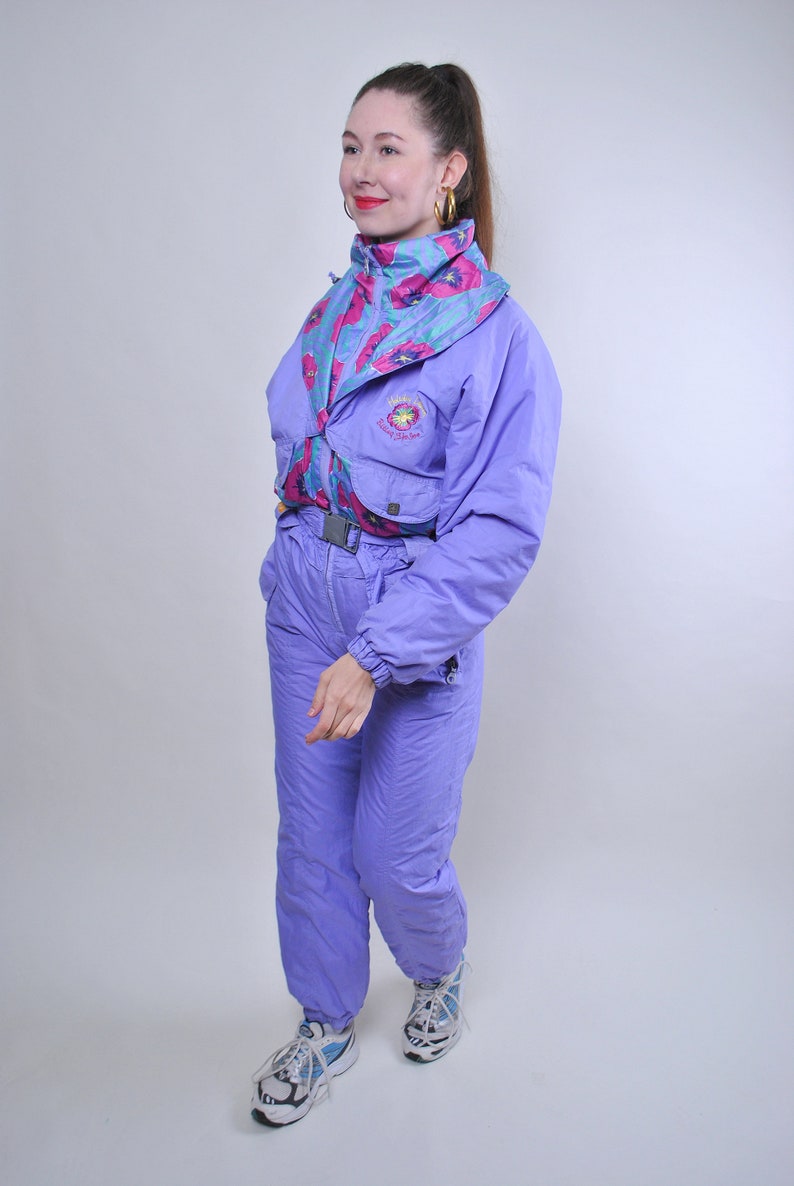Vintage one piece flowers ski suit purple retro snow suit Size M