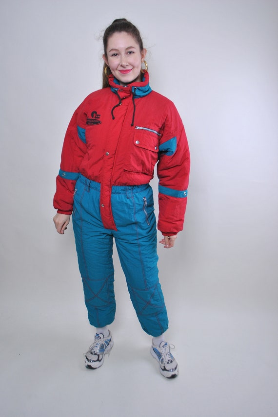 Vintage one piece green ski suit, 80s retro red sn