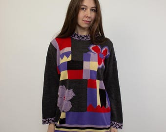 Suéter vintage multicolor con parches, estilo años 90, estampado floral morado, estilo retro invernal, talla M