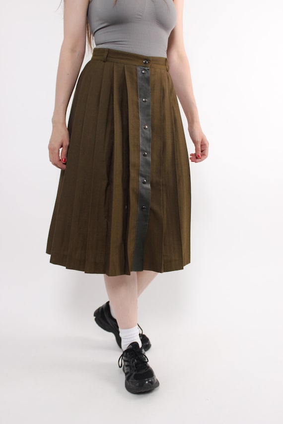 90s Green Pleated Wool Midi Skirt: Faux Leather Detail, Size S