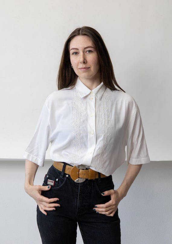 90s White Embroidered Blouse VintageTonal Vine Scrollwork Button Up Shirt Size L