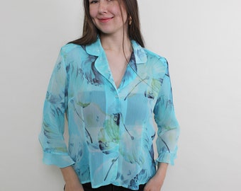 Vintage 90s Blue Sheer Blouse - Floral Transparency with Wavy Sleeves - Size M Retro Fashion