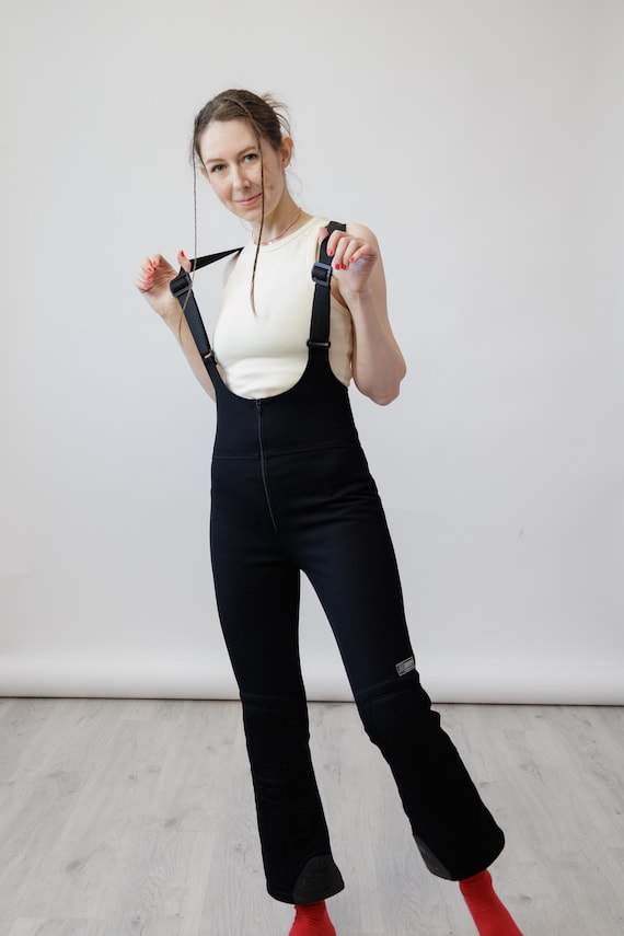 80s Black Wool Stretch Flare Ski Pants High Waist Bib Salopettes Vintage Size S