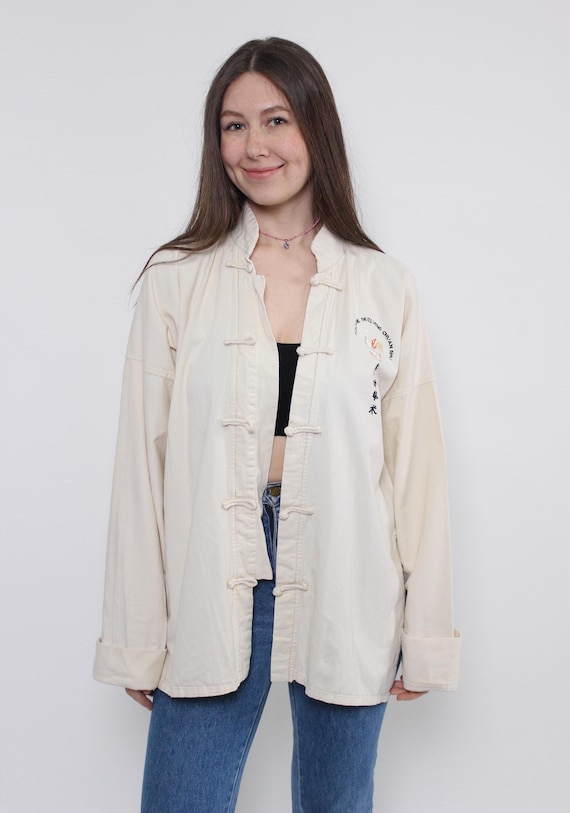 Vintage cotton kimono, 90s embroidered sportswear oriental shirt, Size L