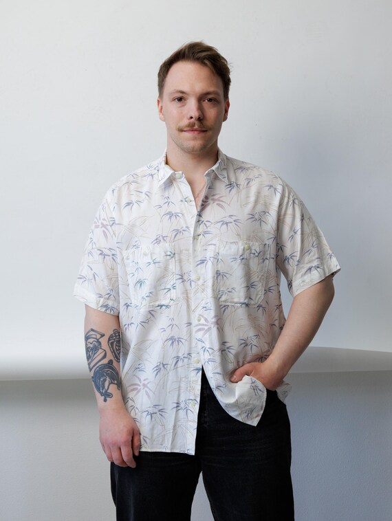 Bamboo Print Shirt Cream Short Sleeve Boxy Mens 90s XL