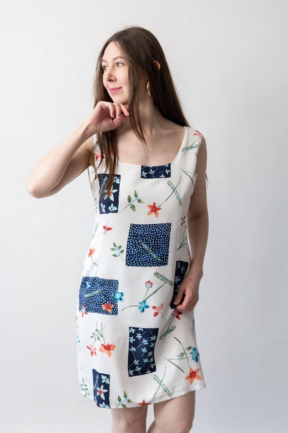 Watercolor Floral Midi Shift Dress Vintage 90s French Navy White Size M
