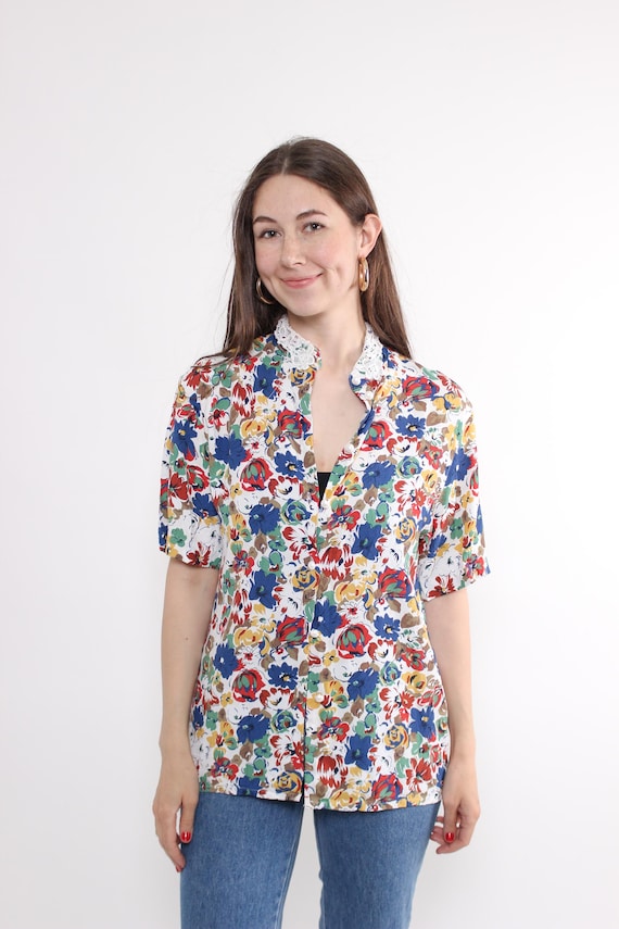 Vintage Multicolor Floral Blouse, 90s Romantic  Lace Collar Button Up Summer Shirt, Size M