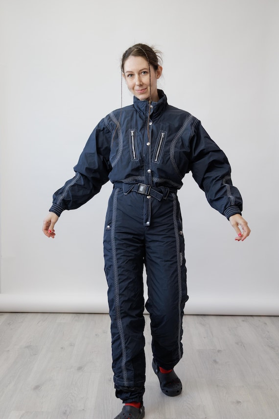 Navy White Contrast Stitch Belted Vintage Ski Suit Jumpsuit Petite Size S