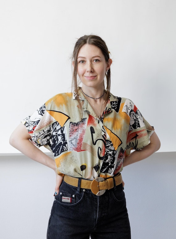 90s Abstract Postcard Print Shirt Vintage Boxy Camp Collar Cotton Blouse S
