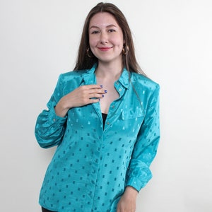 90s polka dot print blouse in blue, vintage abstract pattern puff sleeve formal blouse, Size L