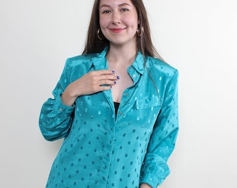 90s Blue Polka Dot Blouse - vintage Puff Sleeve Secretary Retro Top - Size L - Women's Fashion