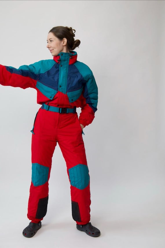 Vintage Red Teal Colorblock Ski Suit One Piece Size S