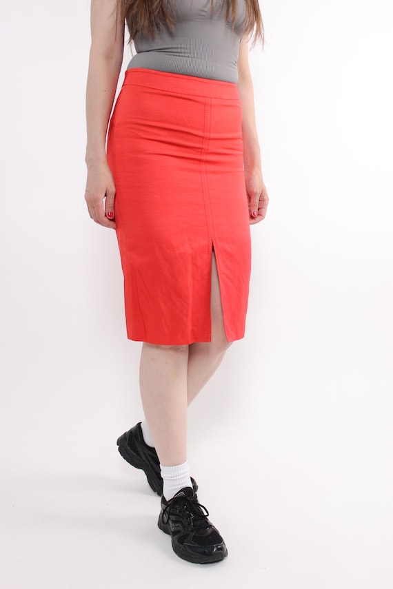 Cotton Skirt Red Pencil Skirt Midi 90s Red Midi Skirt Made In