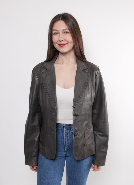 80s Grey Leather Blazer Vintage Fitted Notched Lapel Tailored Two Button Jacket Size L